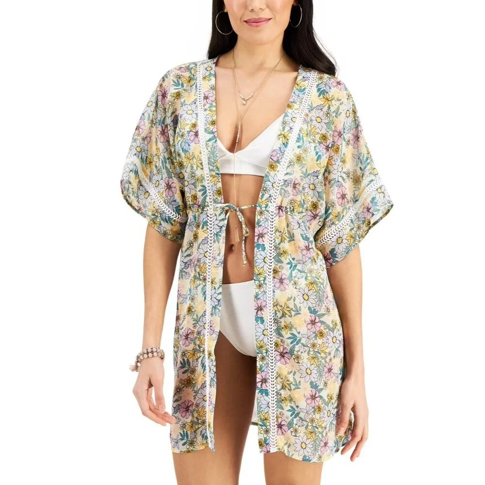Miken S Kimono Swim Cover up Angora Lavender Retro Floral Eyelet Lace Swimwear